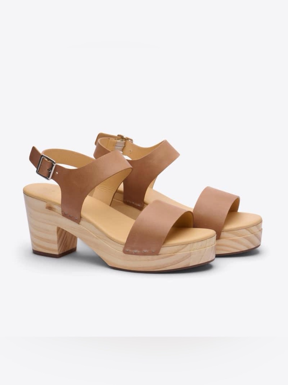 Nisolo All-Day Open Toe Wood Clog Heeled Sandals Almond Tan Leather Size 6.5